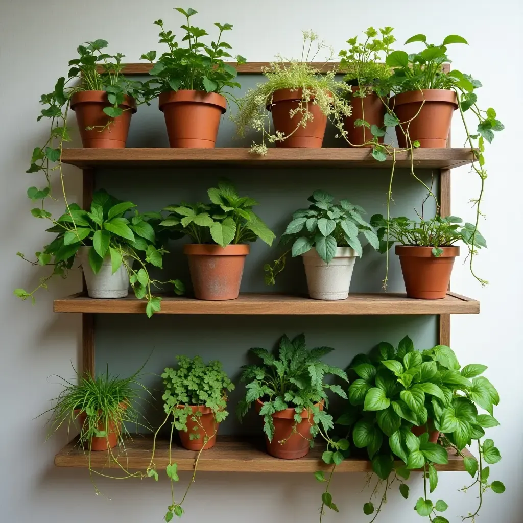 a photo of a balcony shelf turned vertical garden with hanging plants