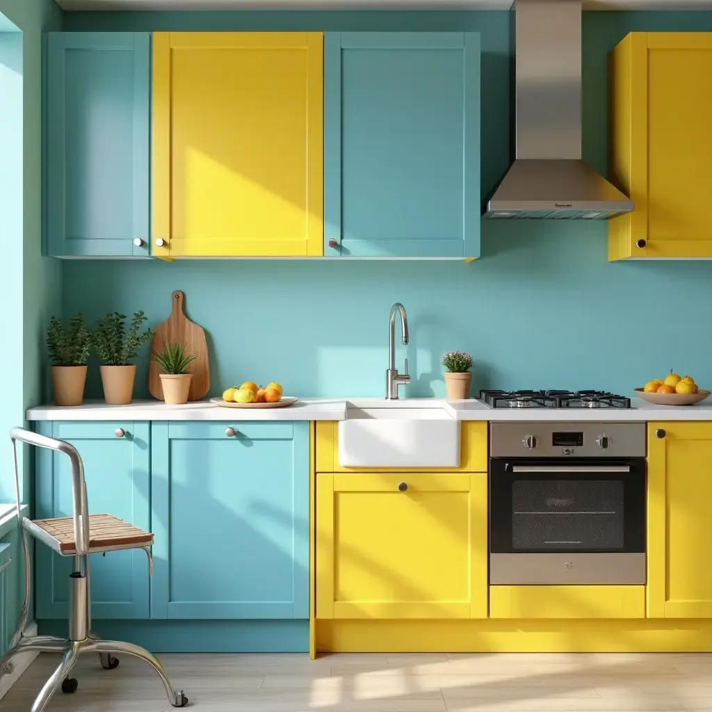 a photo of a bright blue and sunny yellow kitchen with cheerful accents