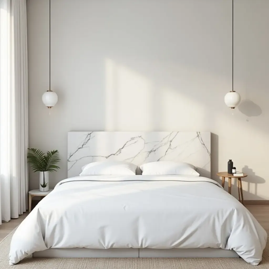 a photo of a bright bedroom featuring a marble headboard