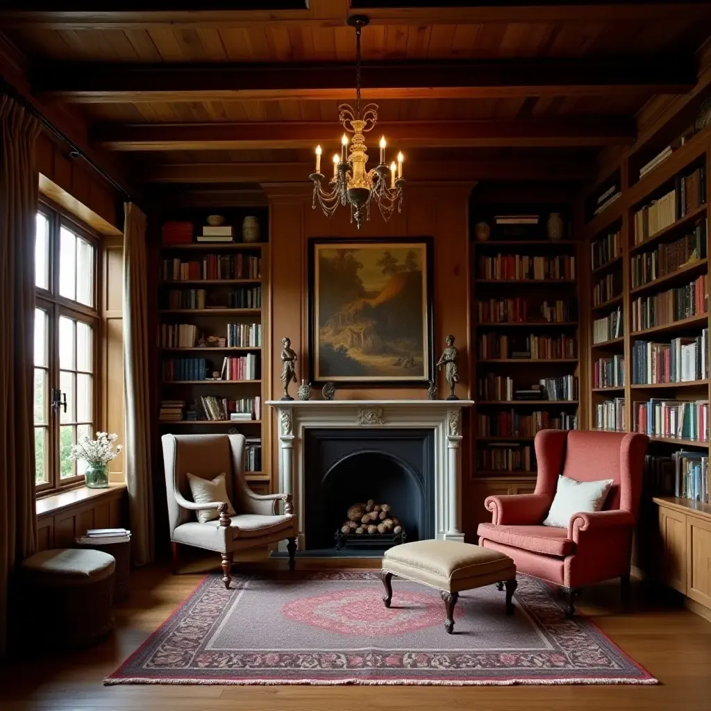 a photo of a cozy library with wooden beams and vintage decor