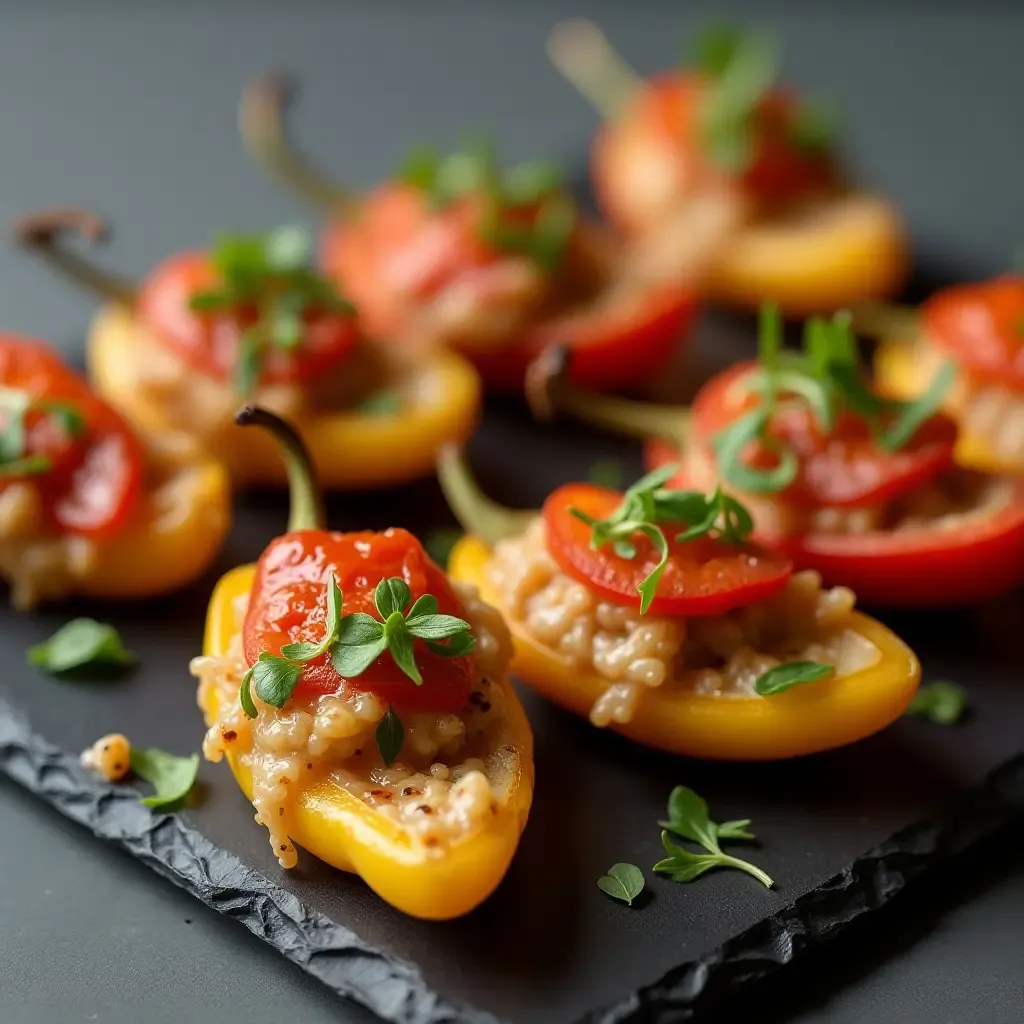 a photo of sophisticated Spanish tapas with stuffed piquillo peppers and microgreens on a slate tray.