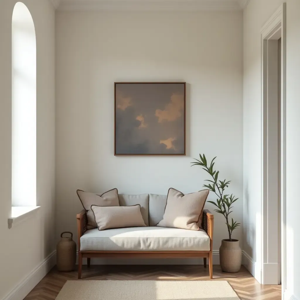 a photo of a chic corridor featuring a small loveseat and artwork