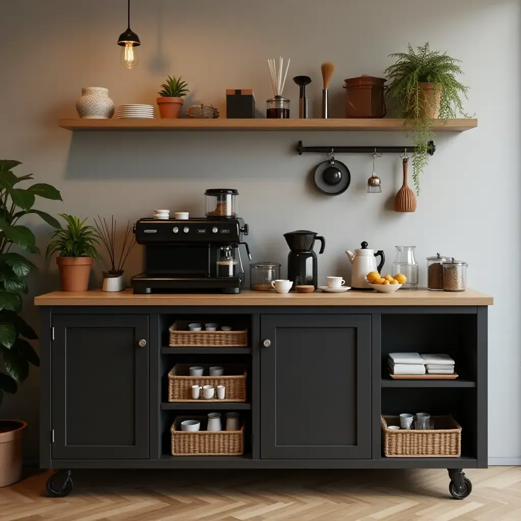 a photo of a stylish coffee station with a coffee cart and barista tools