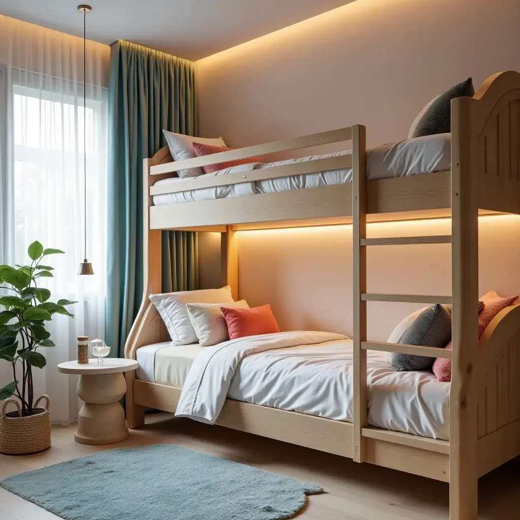 a photo of a modern shared bedroom featuring bunk beds and colorful decor