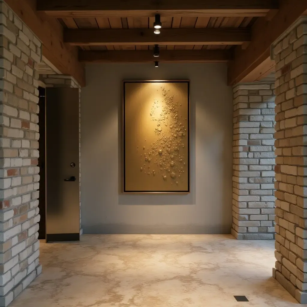 a photo of a basement with metallic framed artwork