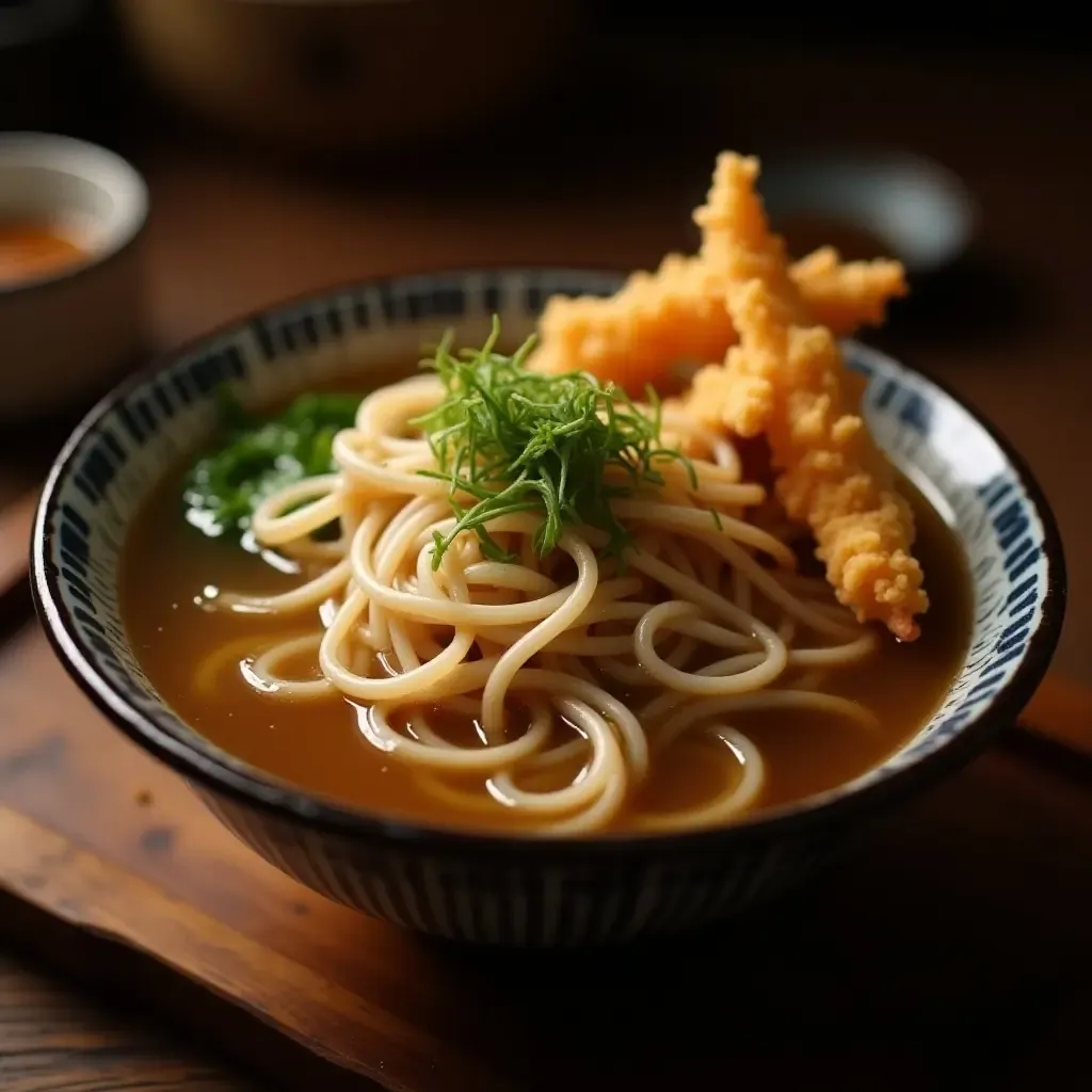 a photo of a rustic bowl of soba noodles in a hot dashi broth with a side of tempura.