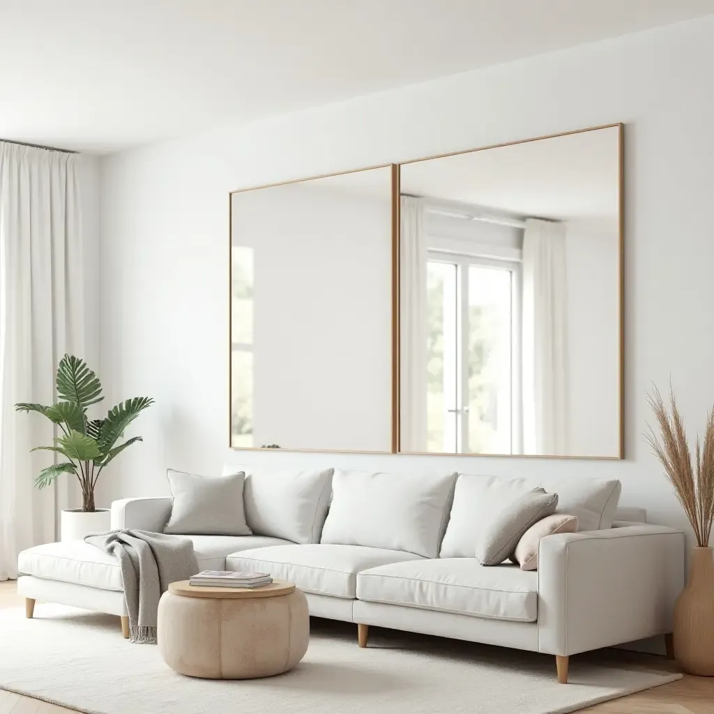 a photo of a bright and airy living room with floor-to-ceiling mirrors