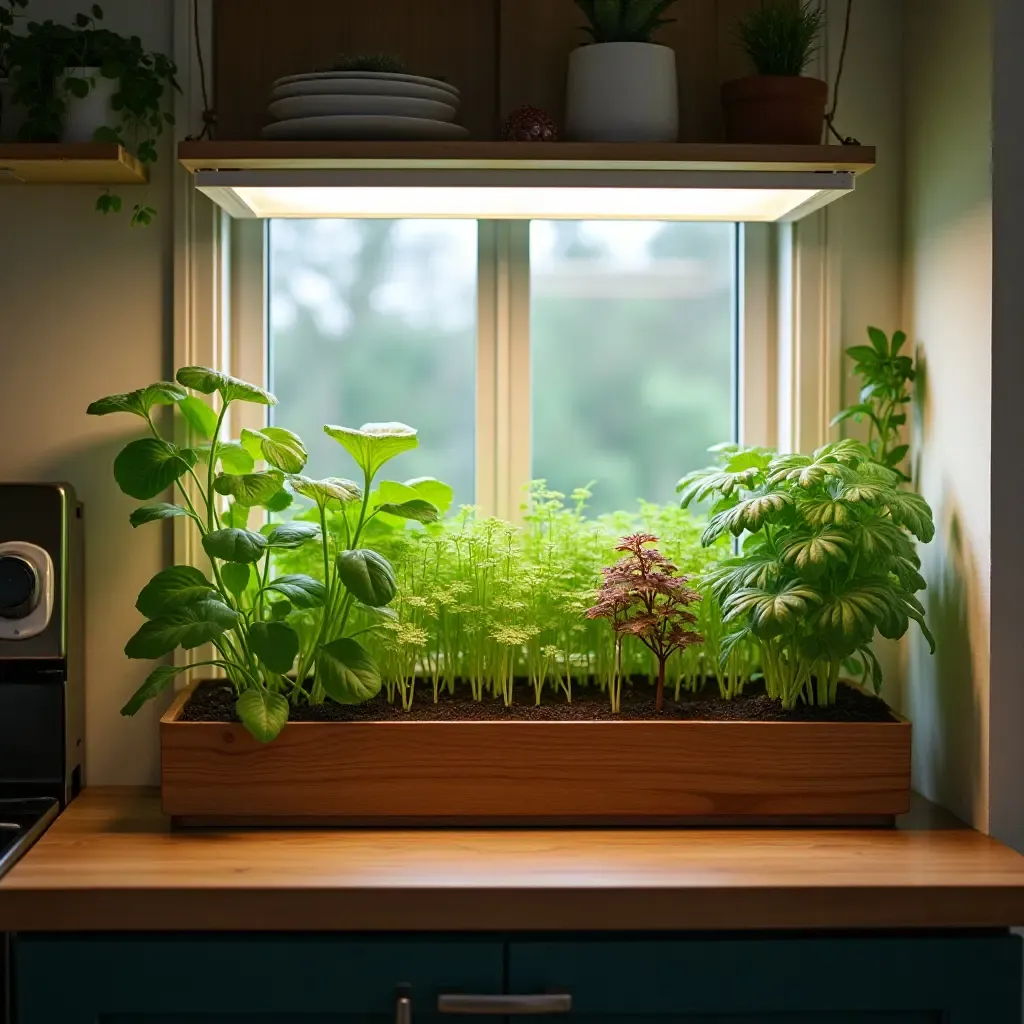 a photo of a kitchen with a small indoor vegetable garden