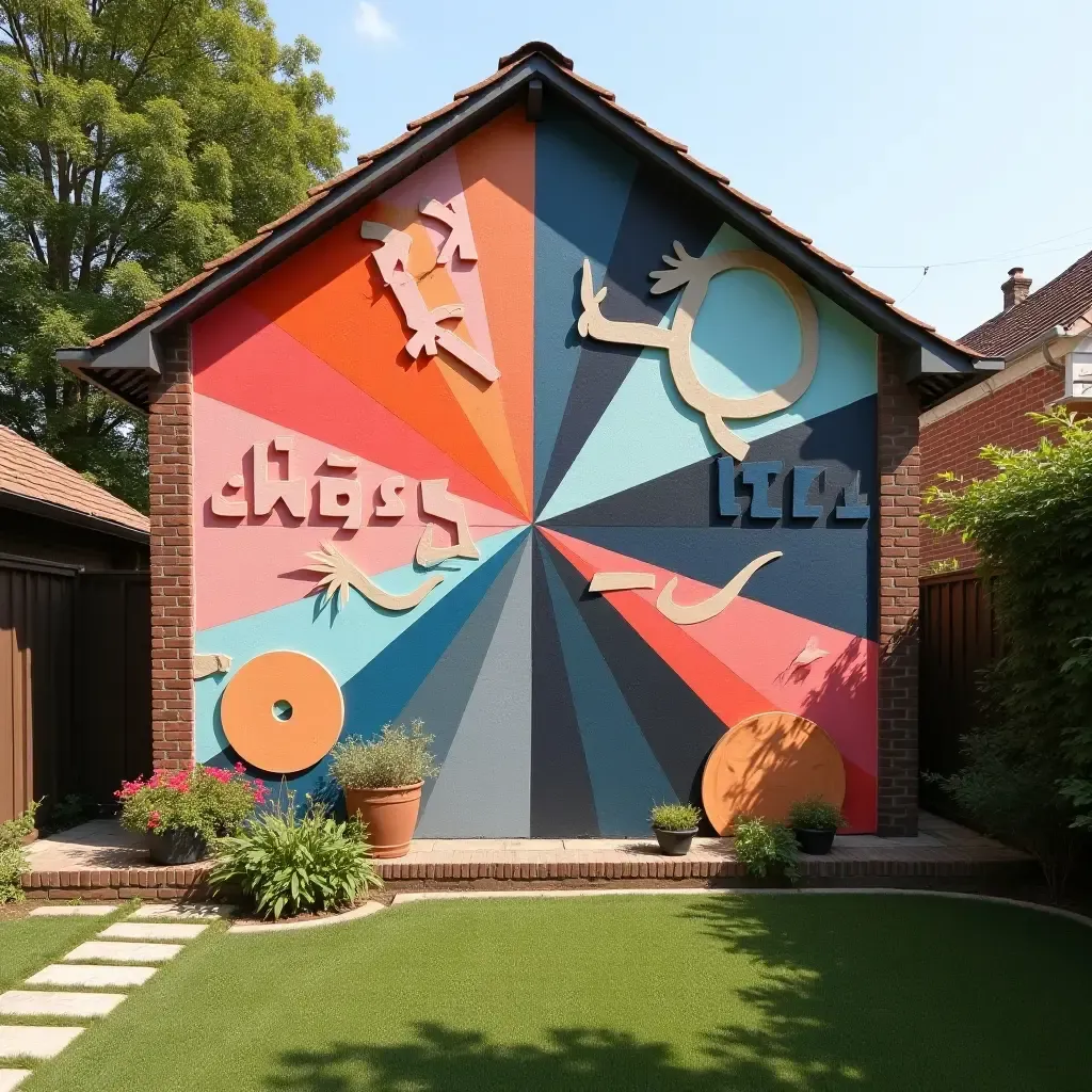 a photo of a geometric pattern mural in a backyard