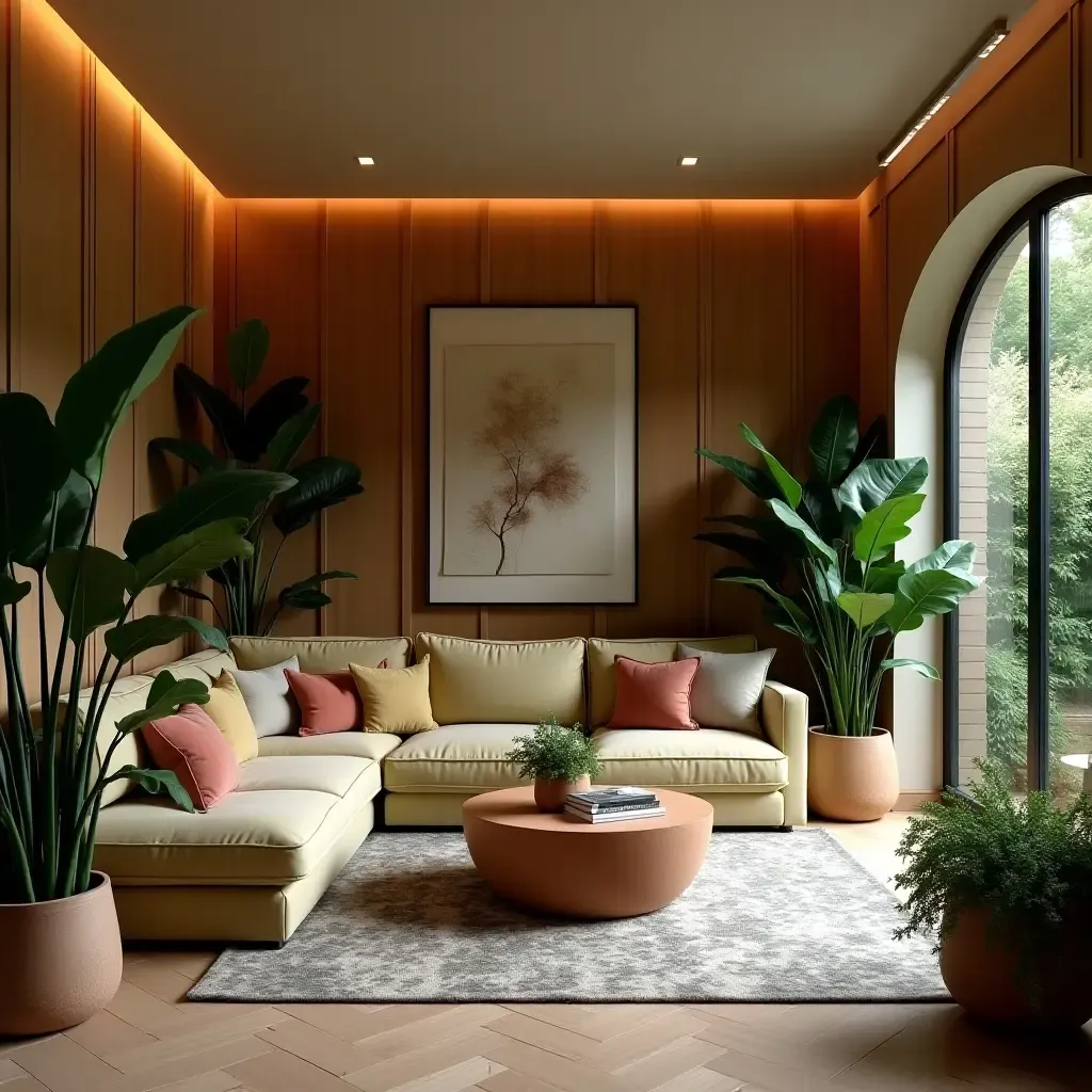 a photo of a chic basement lounge with large leafy plants