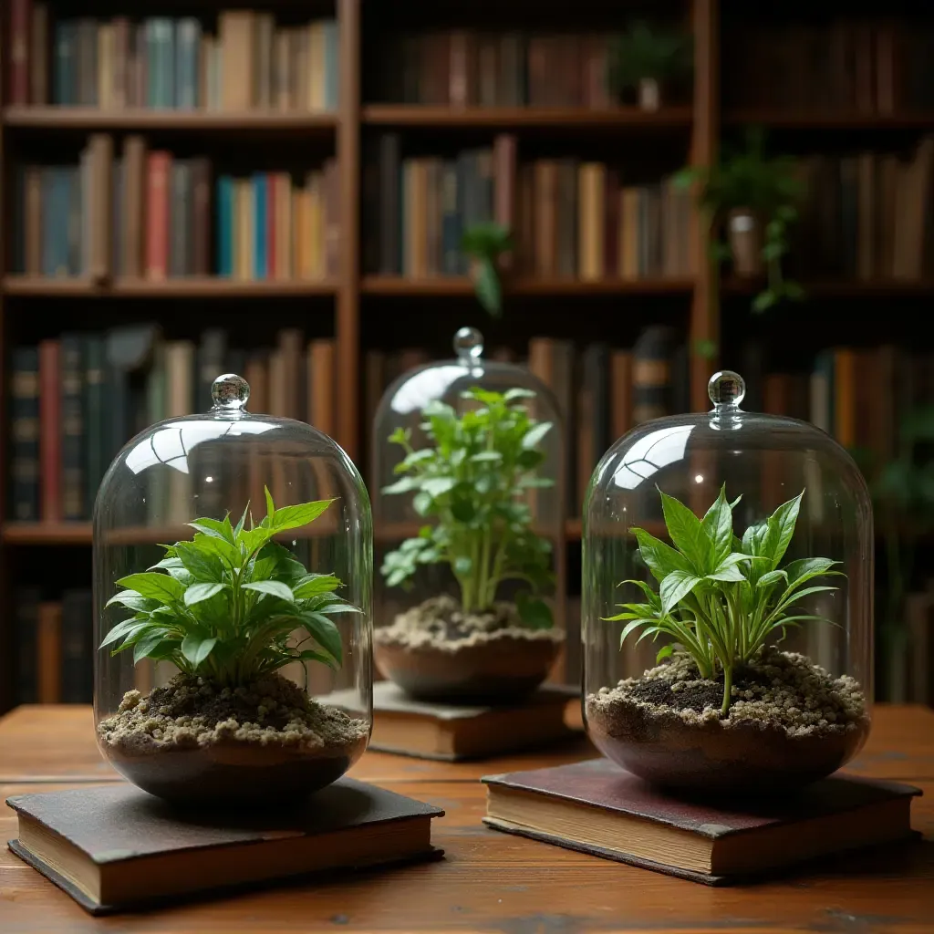 a photo of a library with books and plant terrariums