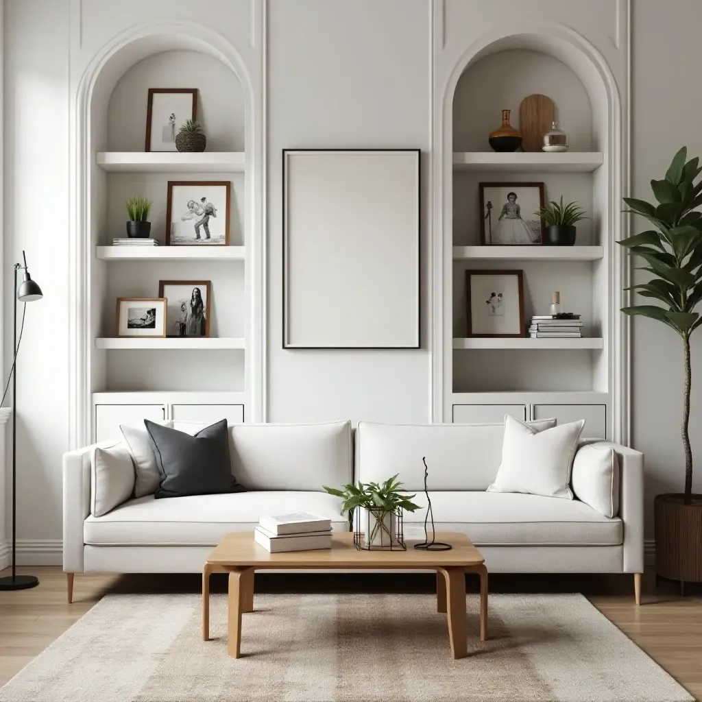 a photo of a living room with open shelves styled with family photos and mementos