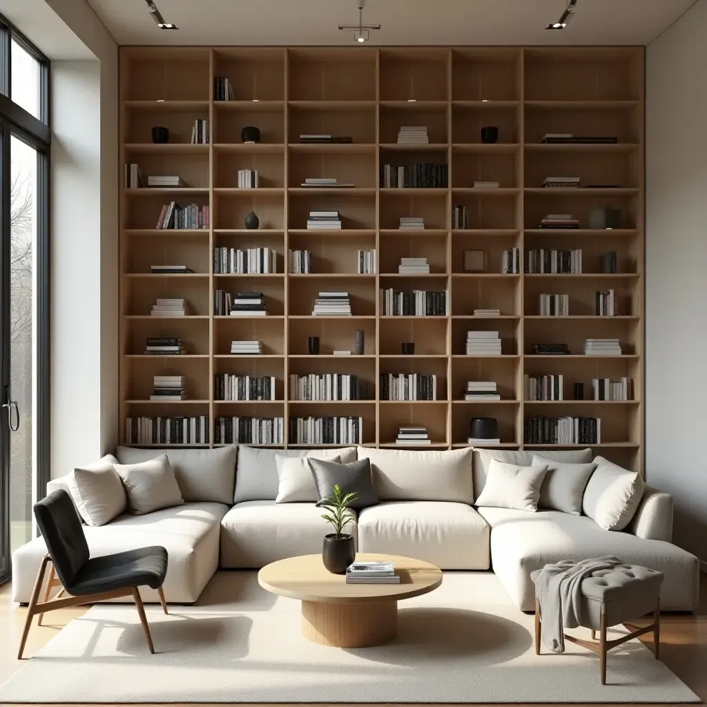 a photo of a tranquil library with neutral colors and wooden accents