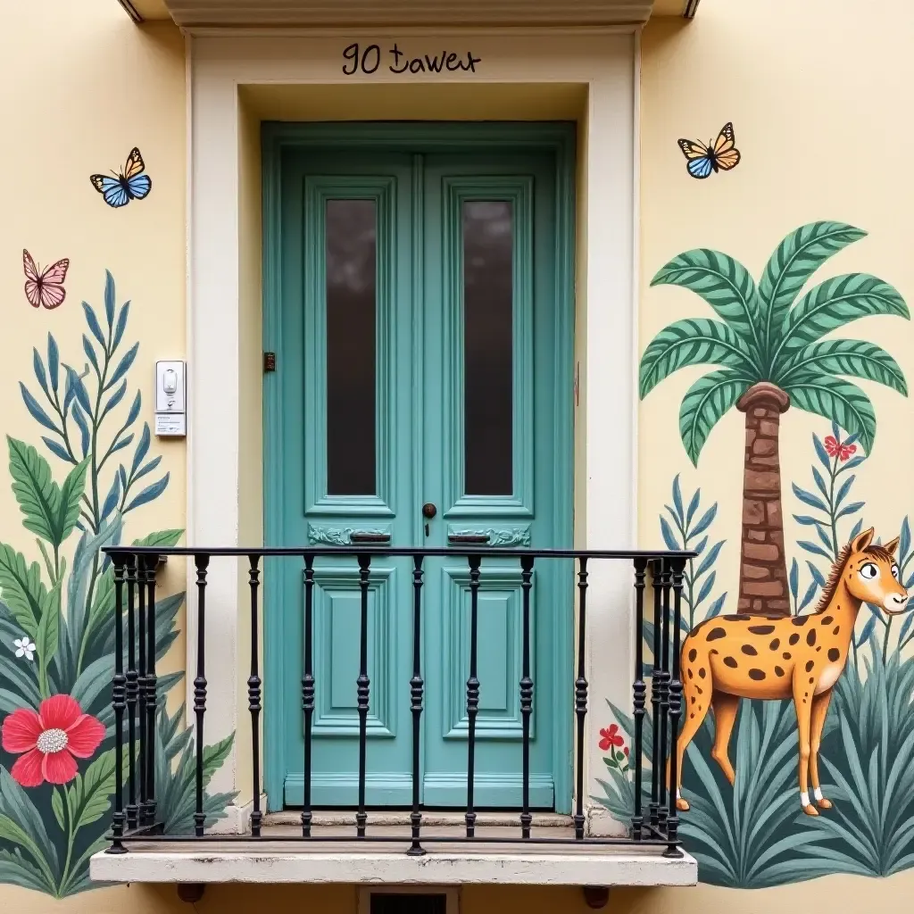 a photo of a balcony wall painted with a whimsical theme