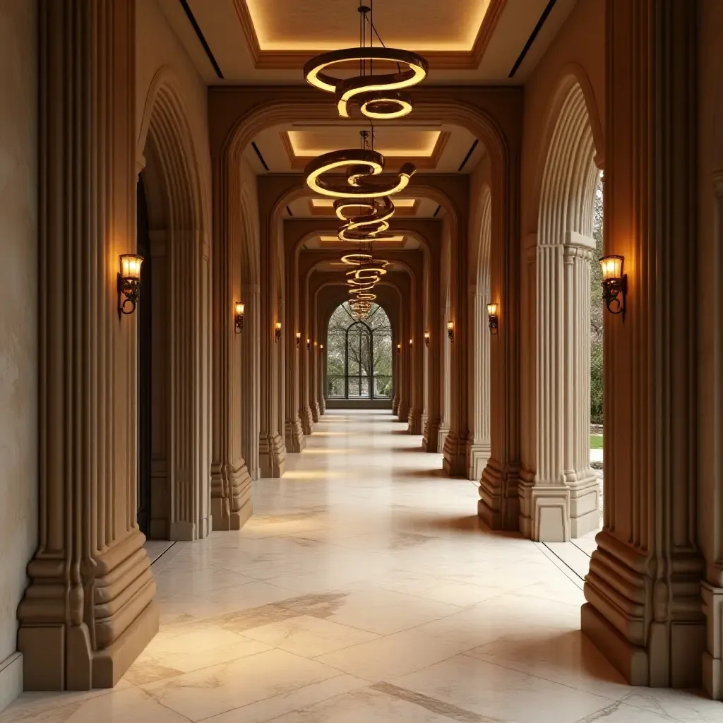 a photo of a glamorous corridor highlighting metallic sculptures and elegant textiles