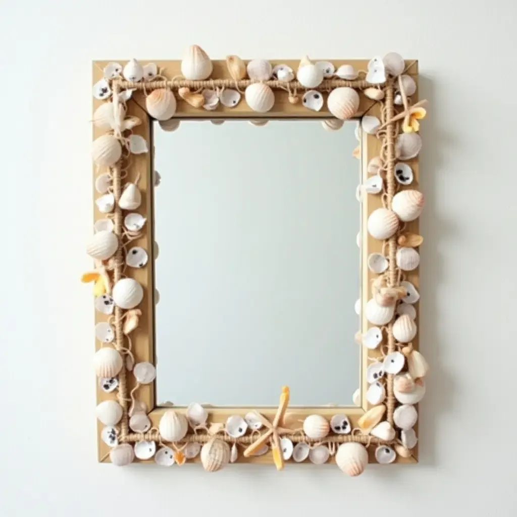 a photo of a DIY mirror frame decorated with seashells and twine