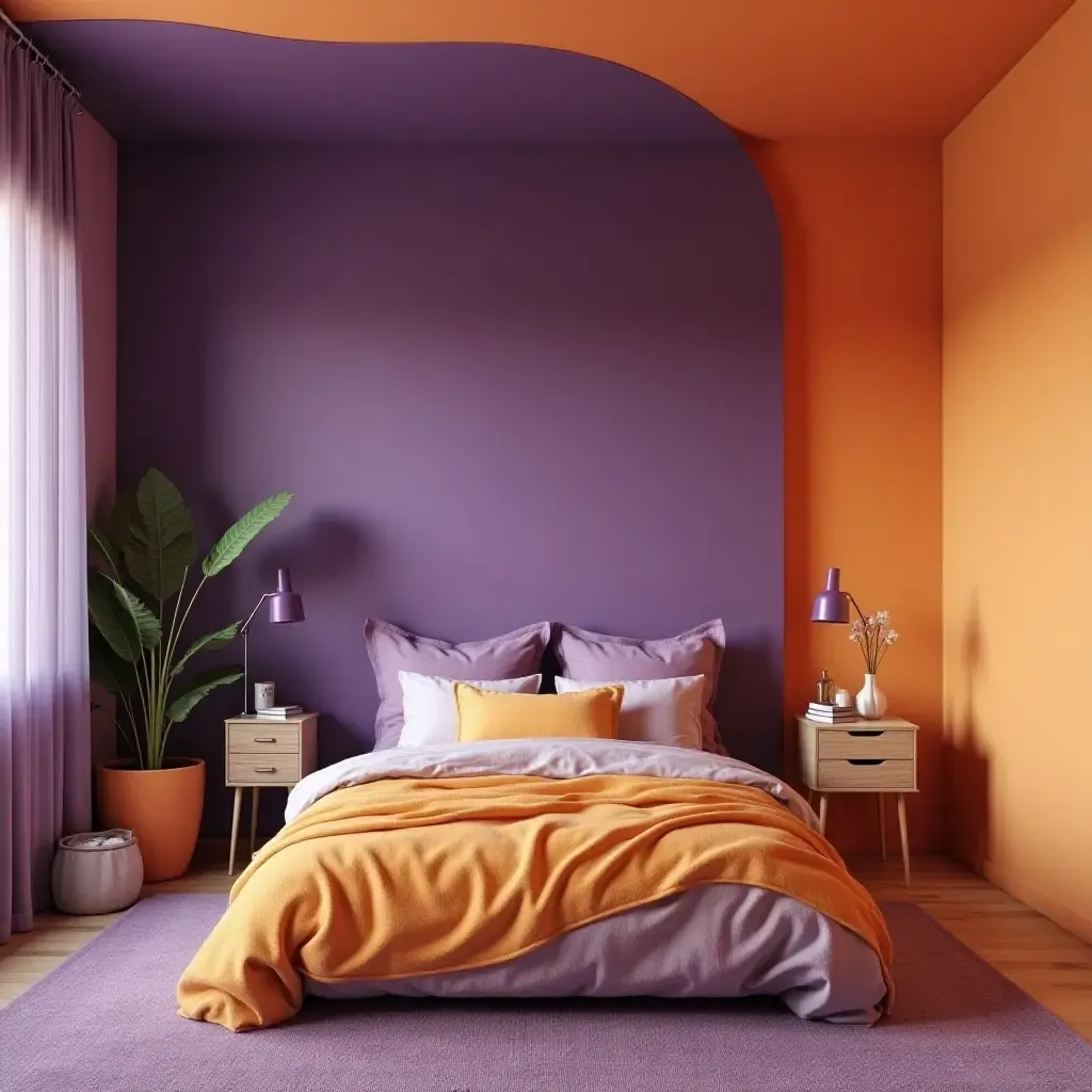 a photo of a unique purple and orange color combination in a teen&#x27;s bedroom