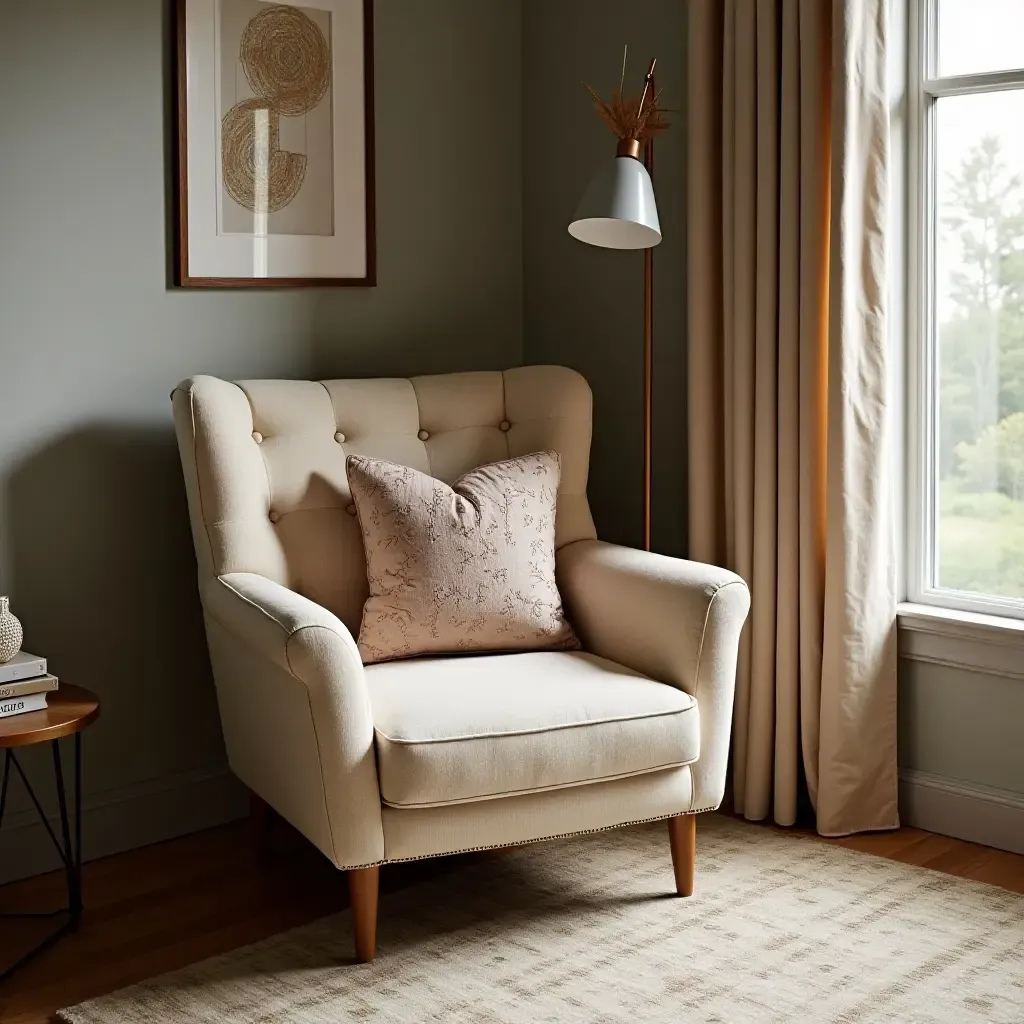 a photo of a cozy corner with a plush chair and decorative pillows