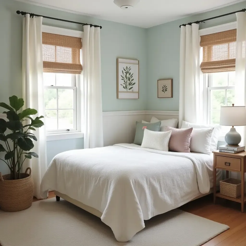 a photo of a serene teen bedroom with calming colors and farmhouse accents