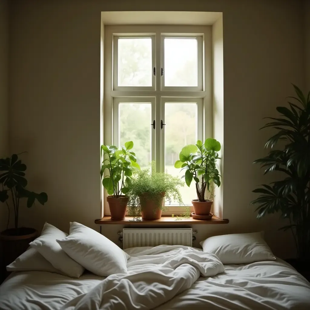 a photo of a bedroom with a plant-filled windowsill and natural light