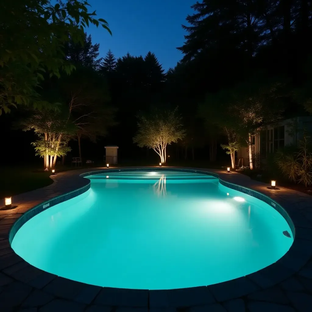 a photo of a small pool featuring solar-powered lights for eco-friendliness