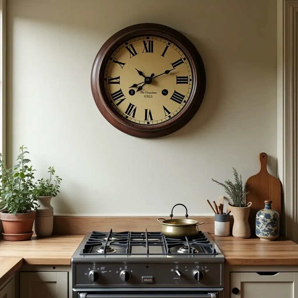 a photo of a kitchen with an antique clock and vintage decor