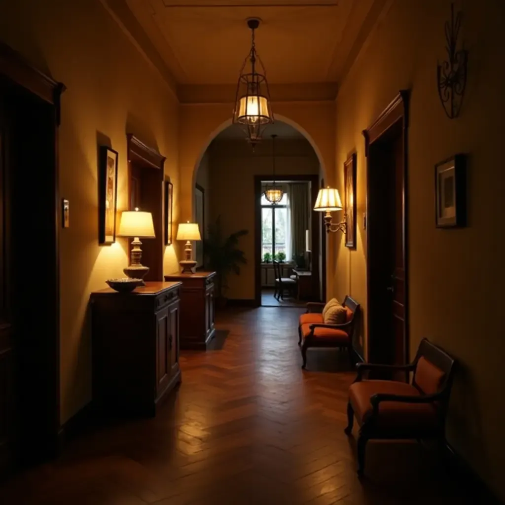 a photo of a cozy corridor with warm lighting and vintage decor items