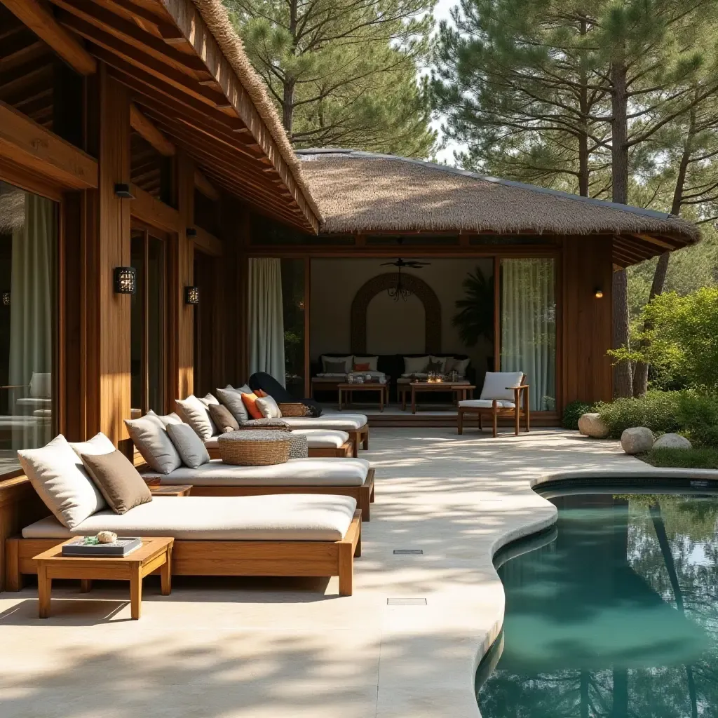 a photo of a rustic lounge area by the pool with wooden furniture