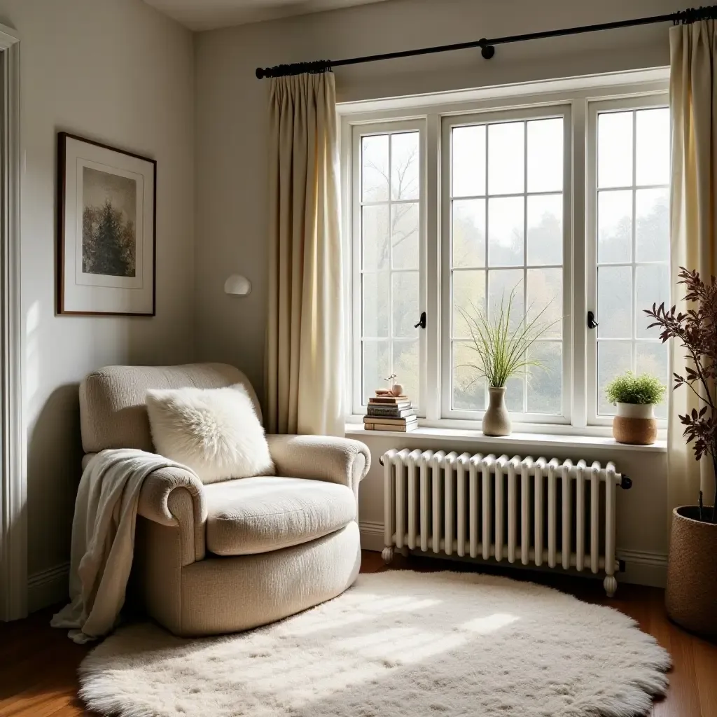 a photo of a cozy nook with a plush rug and oversized armchair