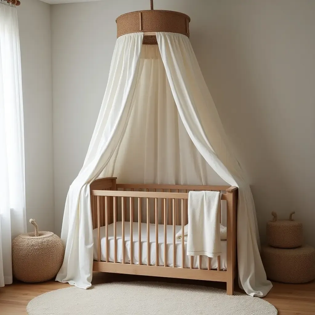 a photo of a rustic nursery showcasing a wooden canopy for a crib