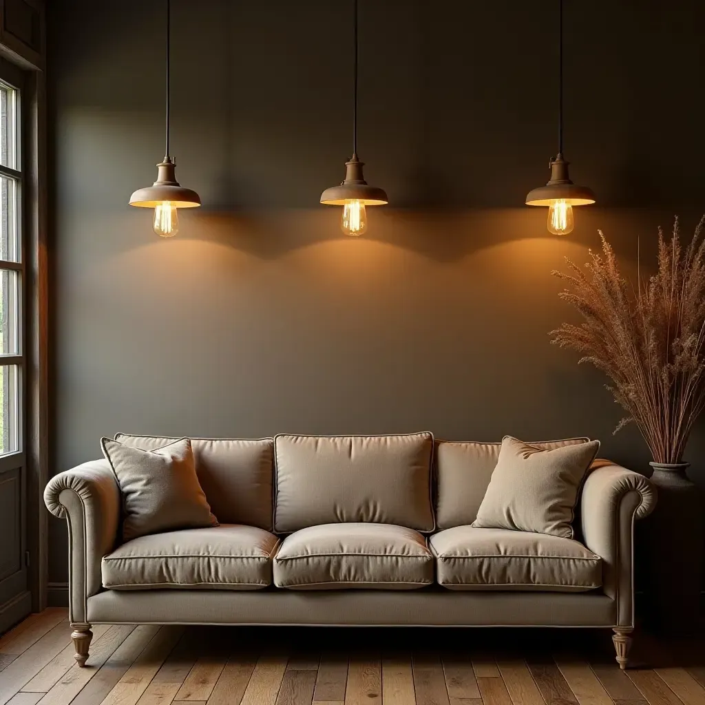 a photo of a cozy living room with rustic pendant lighting hanging above a vintage sofa