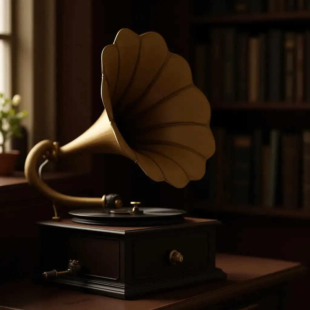 a photo of a vintage gramophone next to a bookshelf