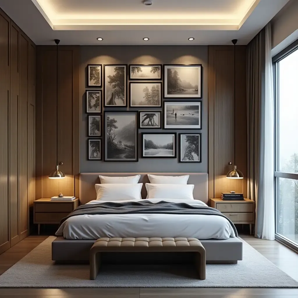 a photo of a sleek modern bedroom with a gallery wall of technology-inspired art