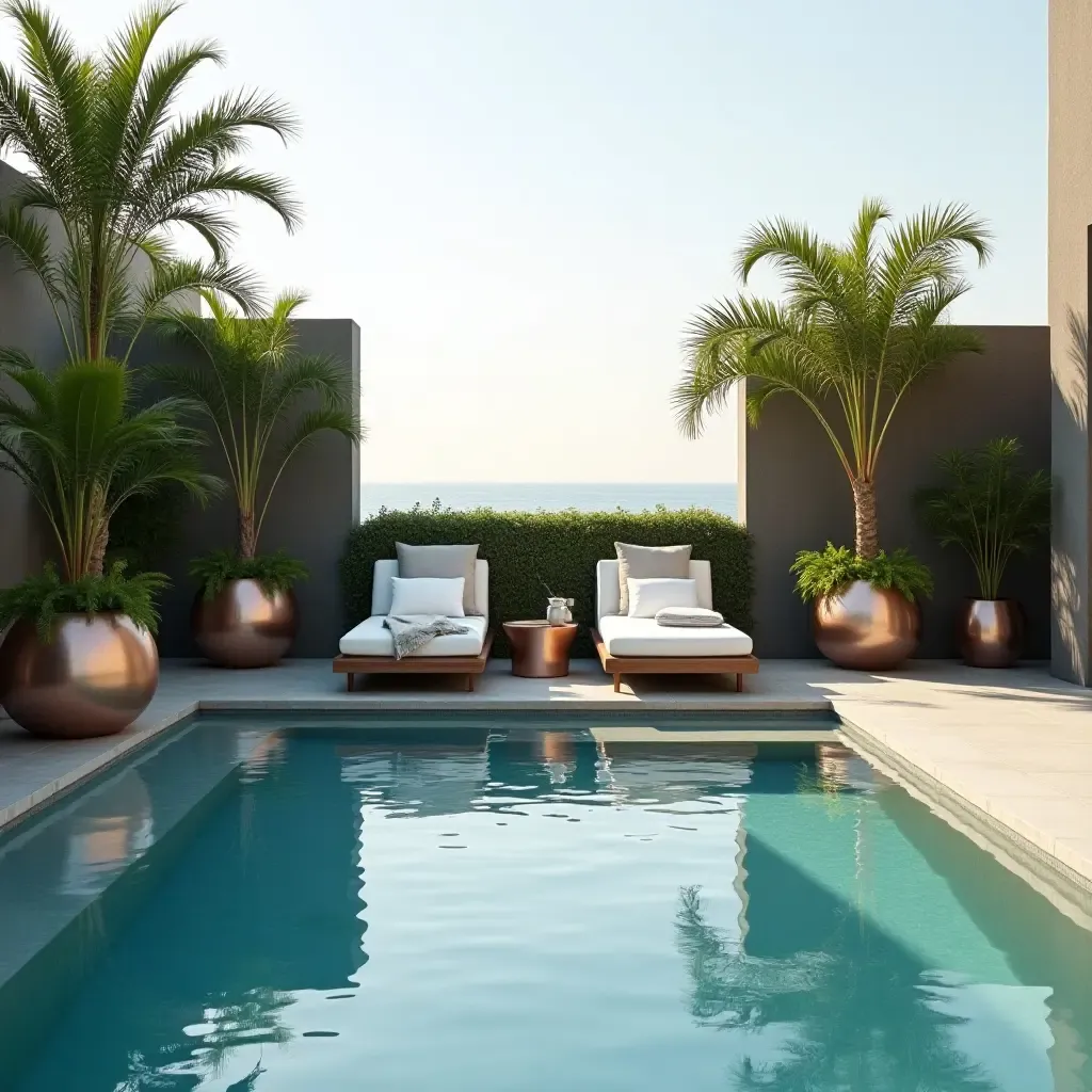 a photo of a tranquil pool scene with metallic planters and cozy lounges