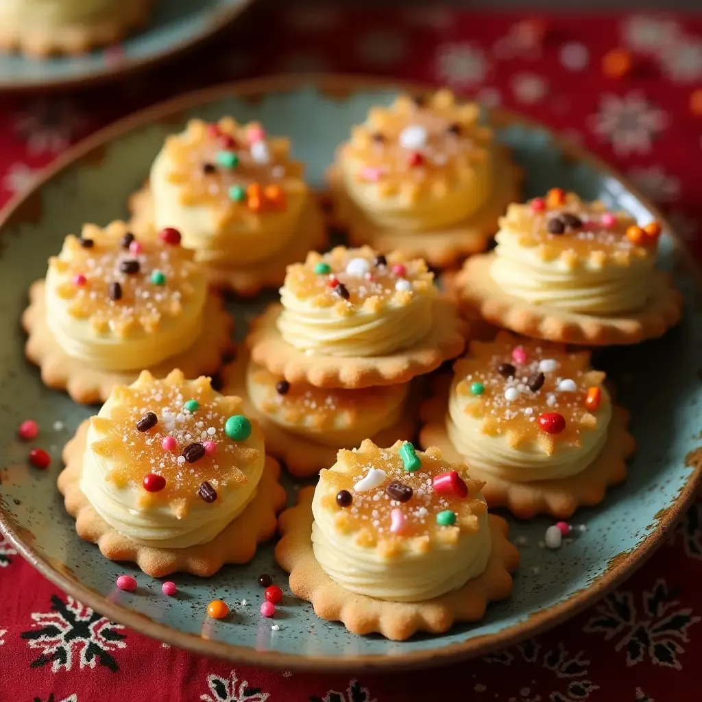 a photo of obleas, thin wafer cookies filled with cajeta and sprinkles, served on a festive ceramic plate.