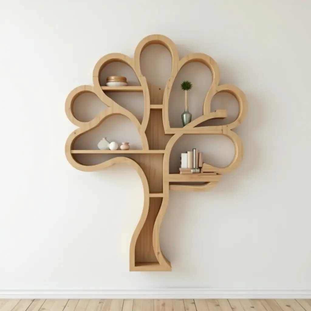 a photo of a unique wall shelf designed like a tree