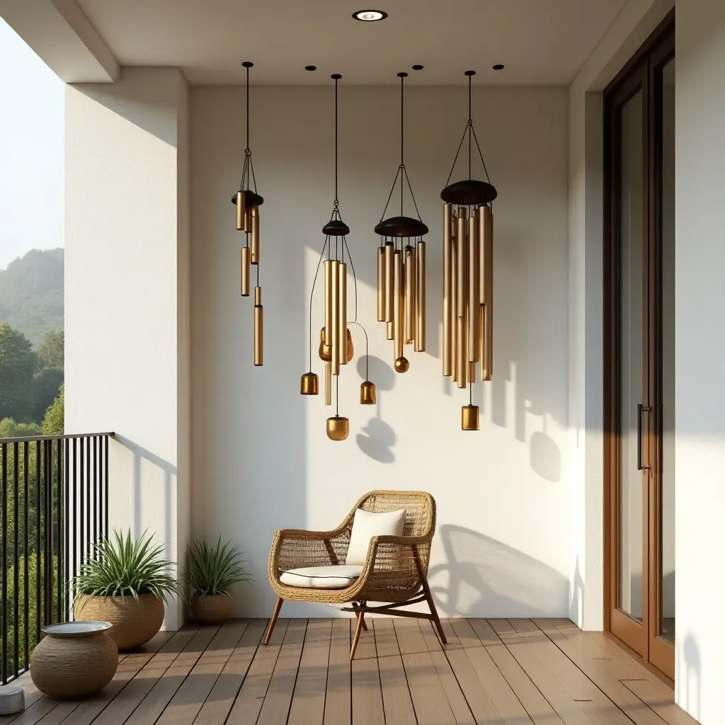 a photo of a balcony wall showcasing artistic wind chimes