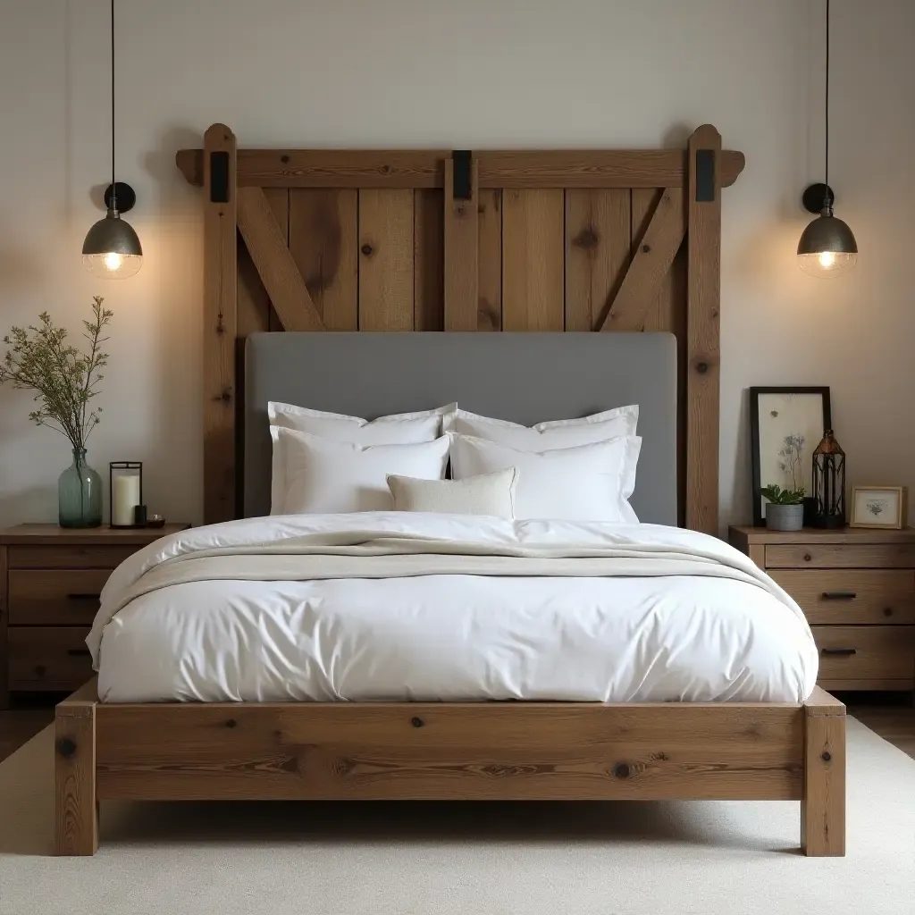 a photo of a rustic bedroom with a reclaimed wood frame and a grey headboard