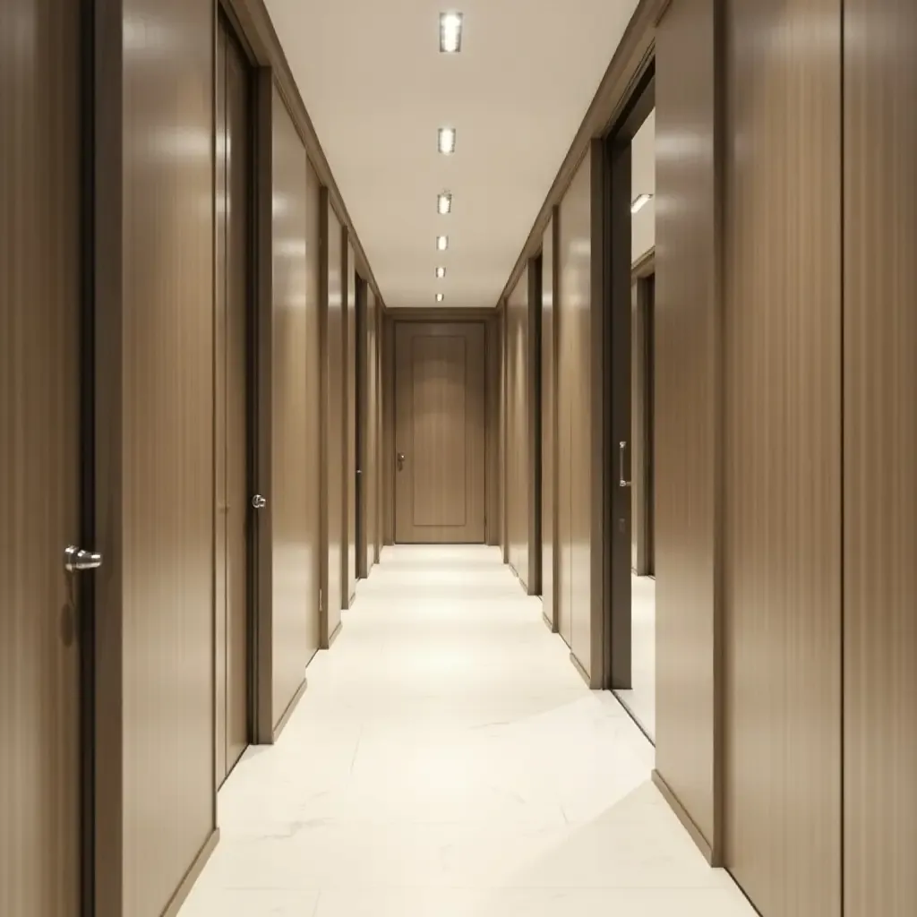 a photo of a narrow corridor with sliding doors and mirrors