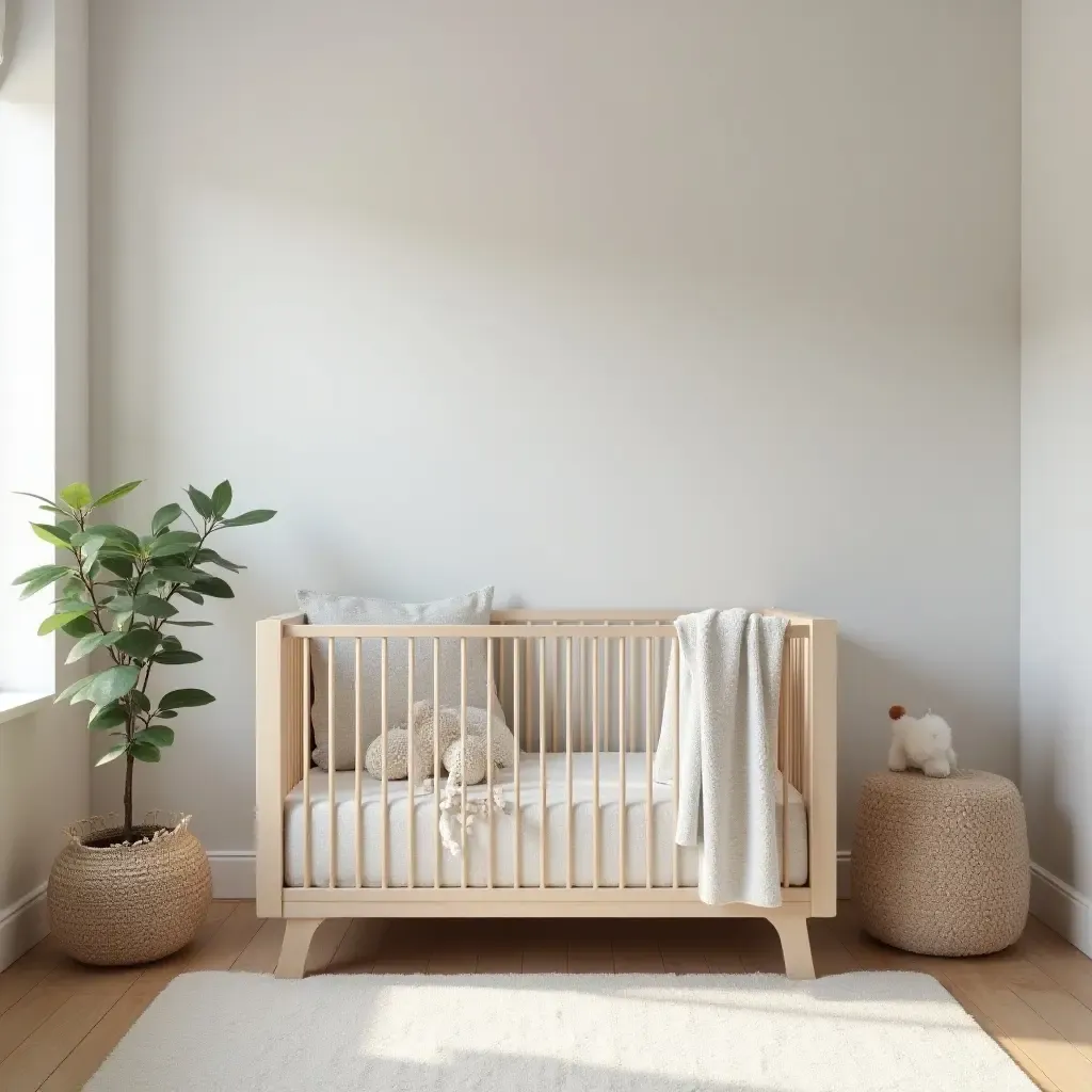 a photo of a nursery with a sophisticated crib and stylish bedding