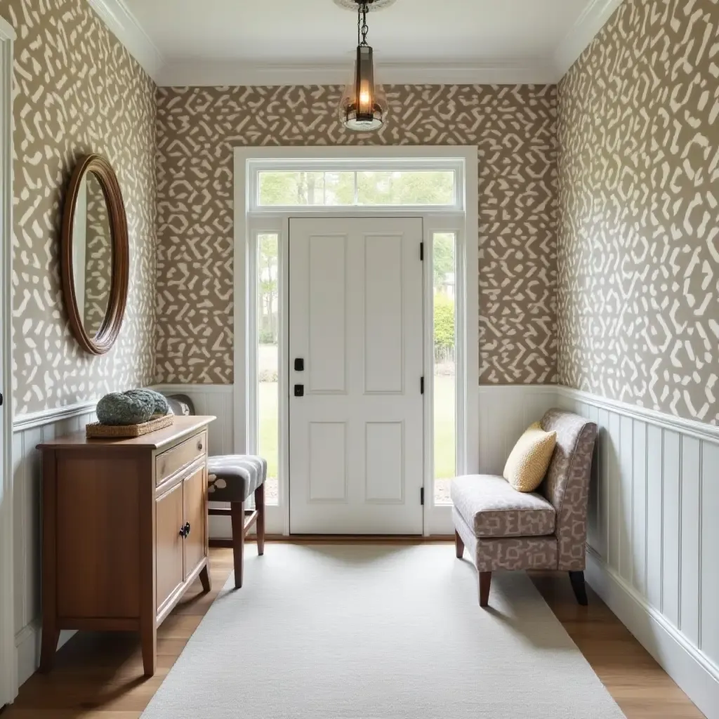 a photo of a sophisticated entryway with patterned wallpaper