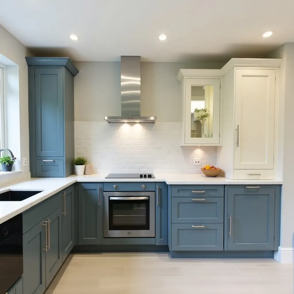 a photo of slate blue and creamy ivory kitchen cabinets