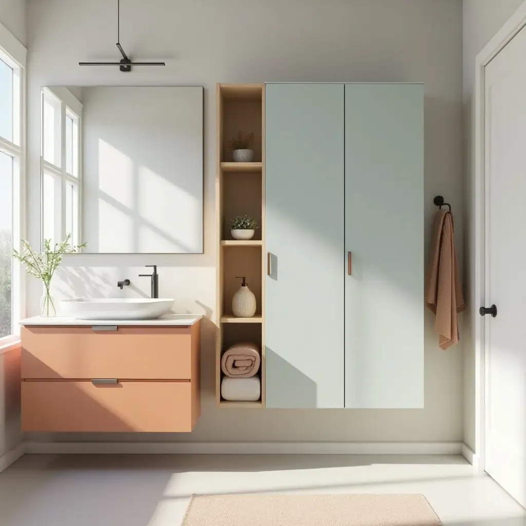 a photo of a bathroom with a color-coordinated storage system