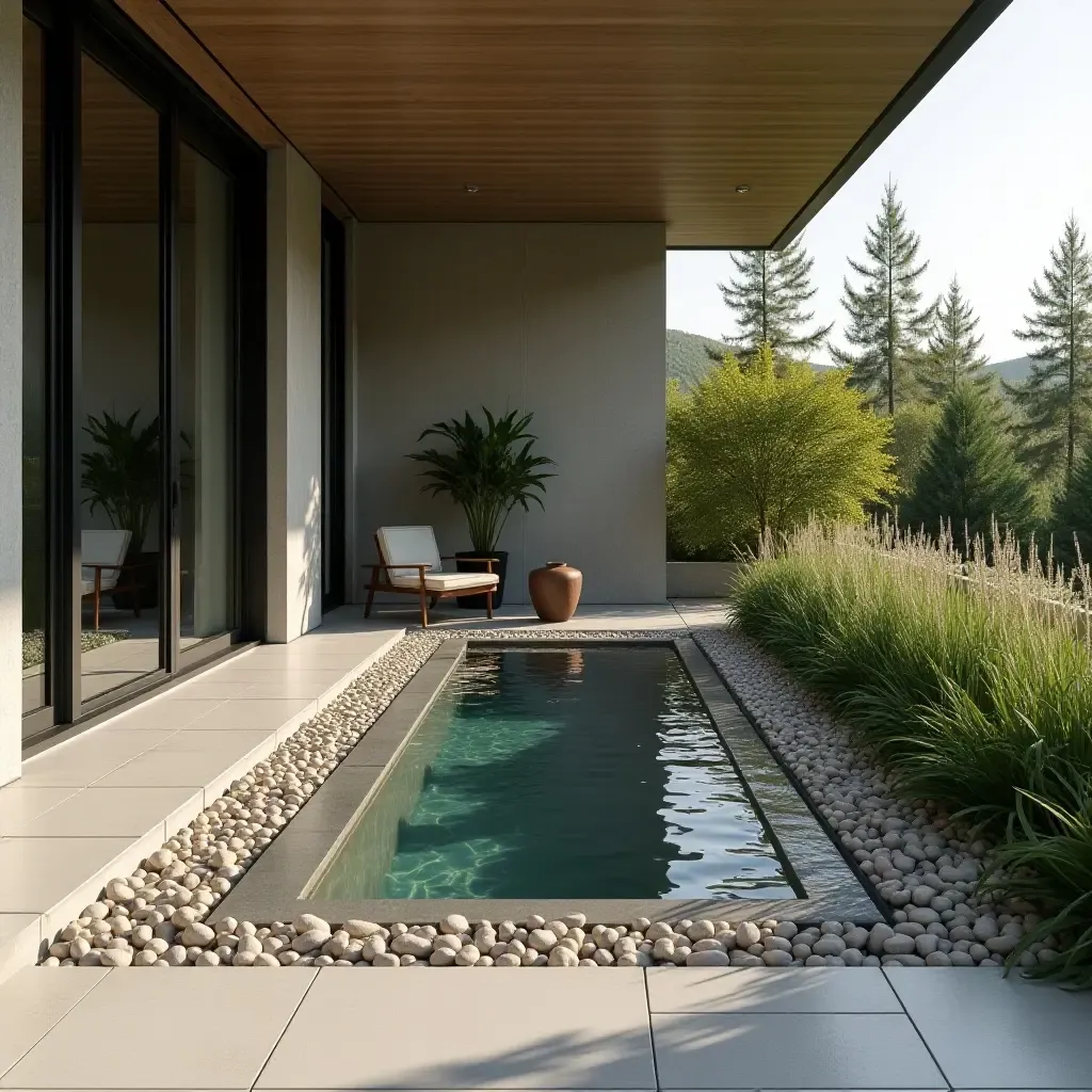 a photo of a balcony with a small water feature and pebbles