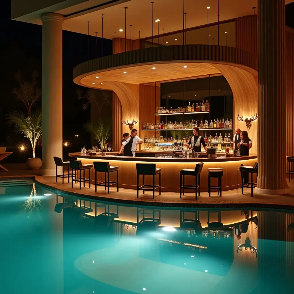 a photo of a sophisticated cocktail bar with baristas serving drinks by the pool