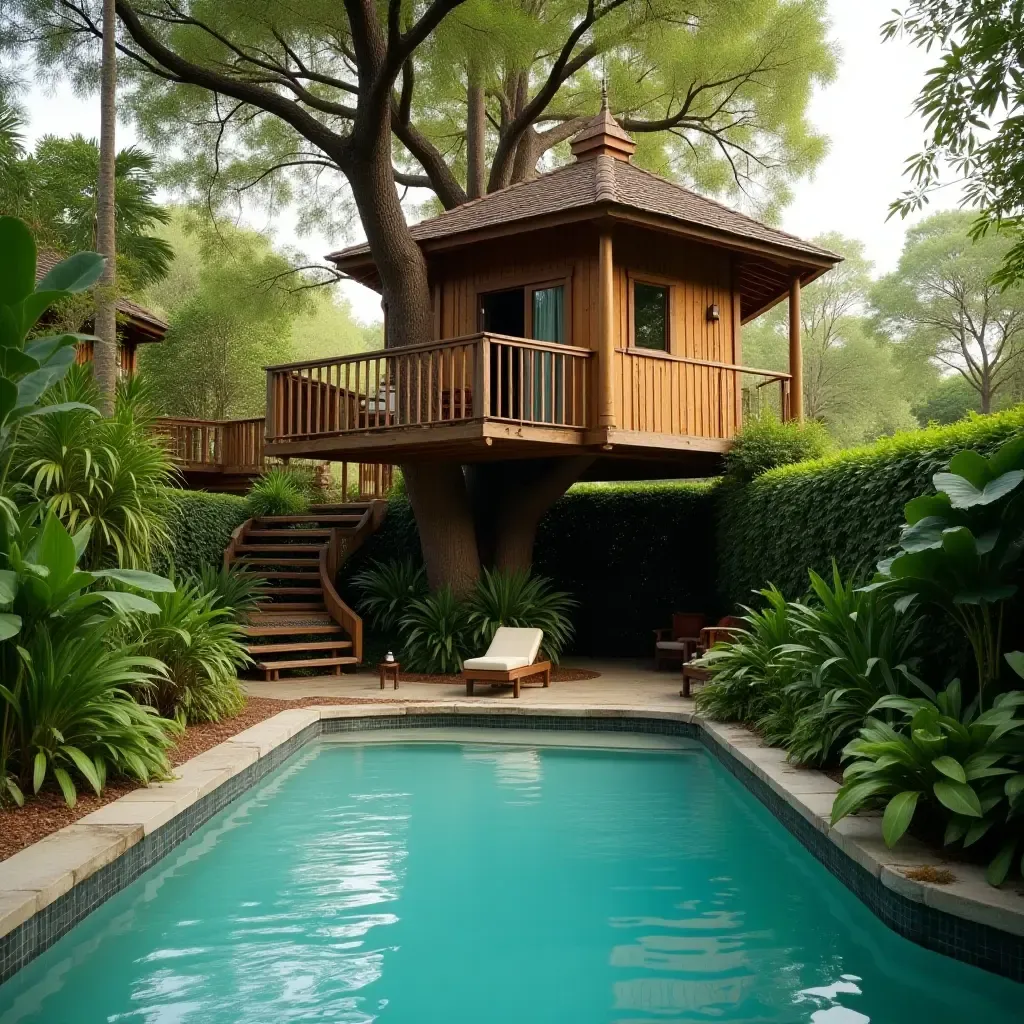 a photo of a whimsical treehouse overlooking a plant-filled poolside