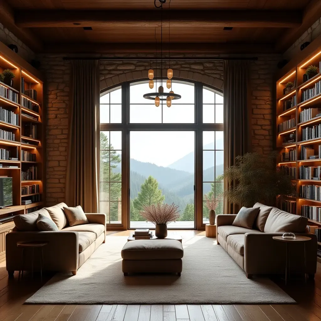 a photo of a home library featuring a beautiful view and rustic charm