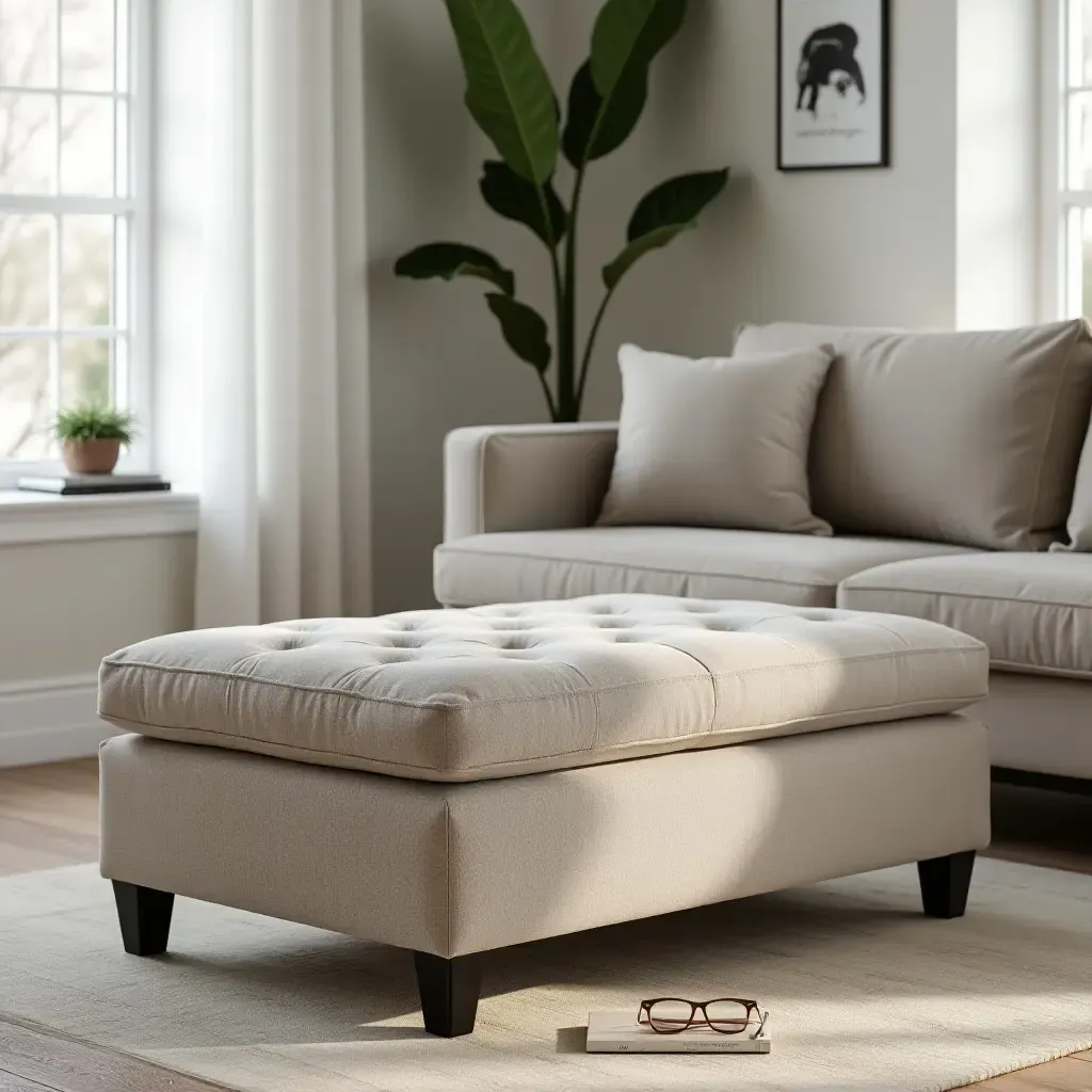 a photo of a chic storage ottoman used as seating in a room