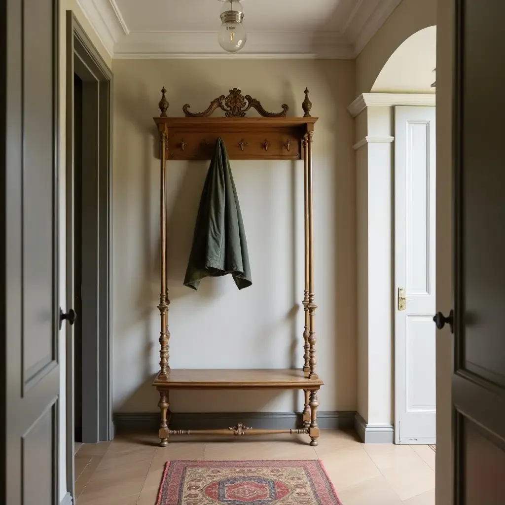 a photo of an ornate coat rack in a vintage-inspired hallway