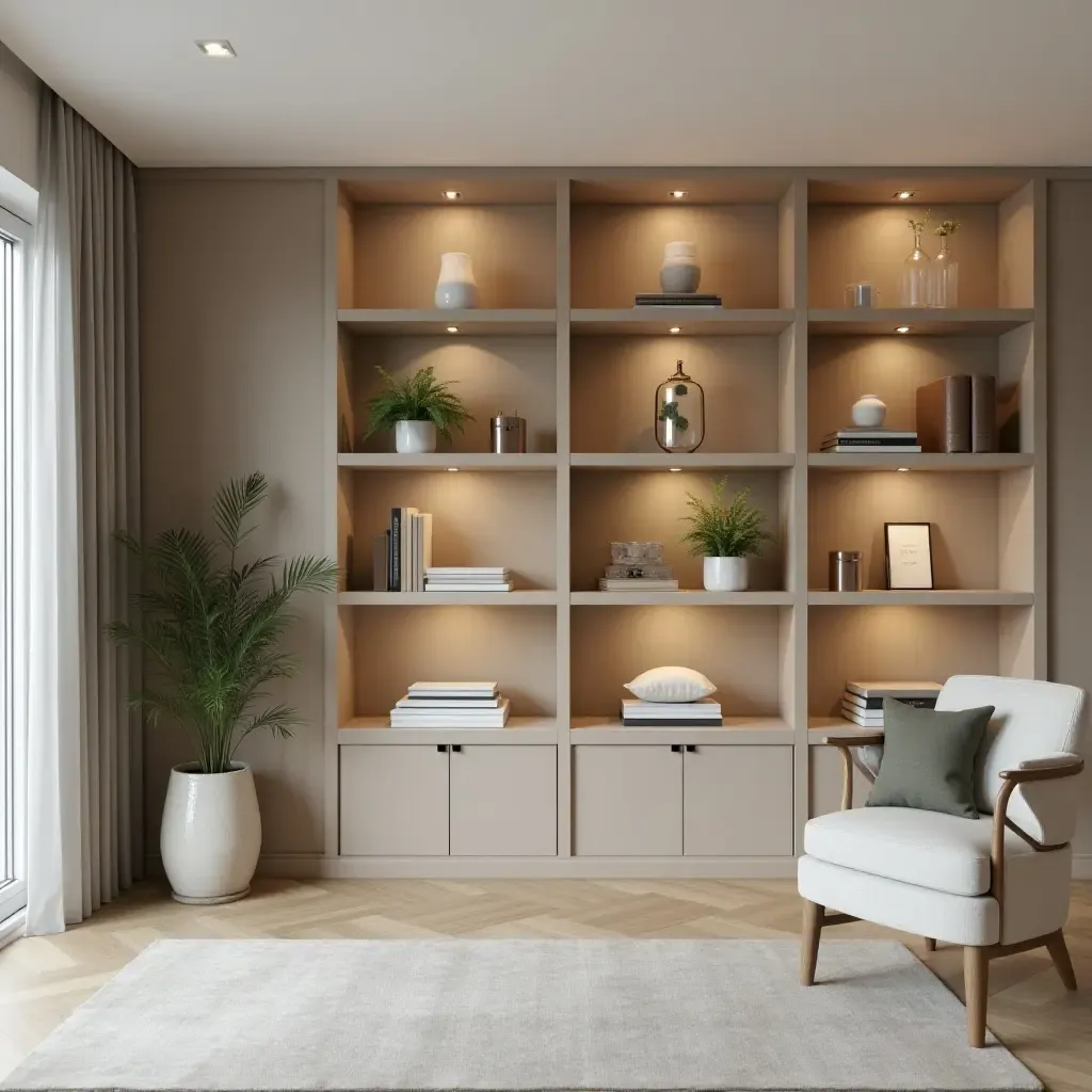 a photo of a minimalist basement shelving design with decorative items